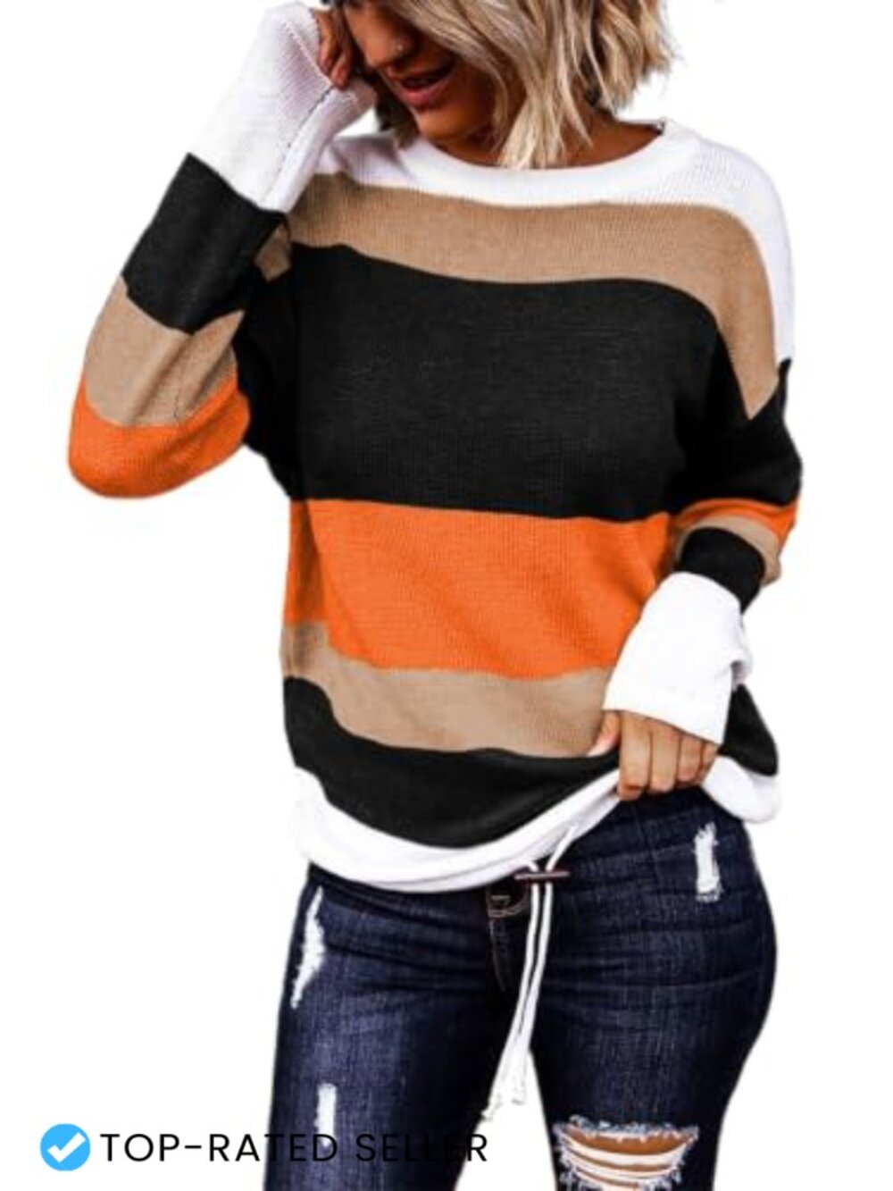 Women's Oversized Striped Pullover Sweater with Drawstring Hem Crewneck Knit